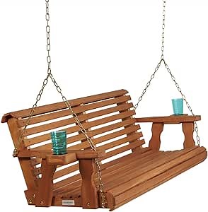 Amish Casual 5 Foot Roll Back Heavy Duty Wooden Porch Swing with Cup Holders in Cedar Stain - Amish Made in The USA from Treated Pine, Outdoor Hanging Bench Swing with 700 Lb. Weight Capacity