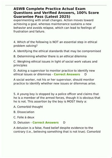 ASWB Complete Practice Actual Exam Questions and Verified Answers 100 Score Guarantee Pass Latest