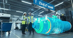 Engineers Use Augmented Reality to Visualize 3D Engine Turbine Concept in Factory Setting. Holographic Display Shows VFX Mechanical Components, Design and Analysis Processes for Industrial Innovation.