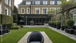 A meticulously maintained lawn stretches before a modern glass extension attached to a grand, multi-story house