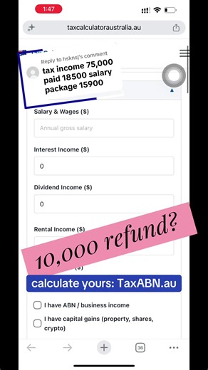 Replying to @hsknsj see your your tax is calculated. taxabn, link im bio . calculations are approximate, can be more or less with claim, deductions and other situations. #taxcalculator #taxrefund2026 #atotax #taxabn #refund