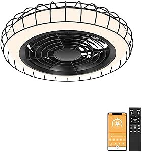 Ohniyou low profile ceiling fan with light: 20'' bladeless ceiling fan with light - safety enclosed ceilng fans with cave - Smart ultra low profile ceiling fans with remote & App for outdoor indoor