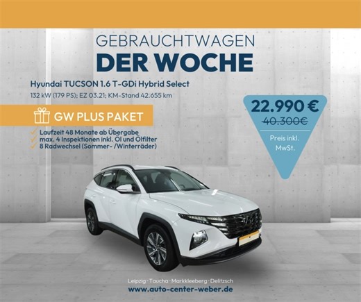 🚗 Gebrauchtwagen der Woche – Hyundai TUCSON 1.6 T-GDi Hybrid Select 🚗 Highlights auf einen Blick: ✅ Erstzulassung: 09.03.2021 ✅ Kilometerstand: 42.655 km ✅ Leistung: 132 kW (179 PS) ✅ Getriebe: Automatik ✅ Kraftstoff: Hybrid ✅ Preis: 22.990 € – starke Ersparnis gegenüber UVP! Top-Ausstattung: - 2-Zonen-Klimaautomatik - Multifunktionslenkrad - Sitzheizung vorne - Parksensoren hinten - Rückfahrkamera - Navigationssystem - Bluetooth - u.v.m. Alle Infos zum Auto: https://auto-center-weber.de/fahrz