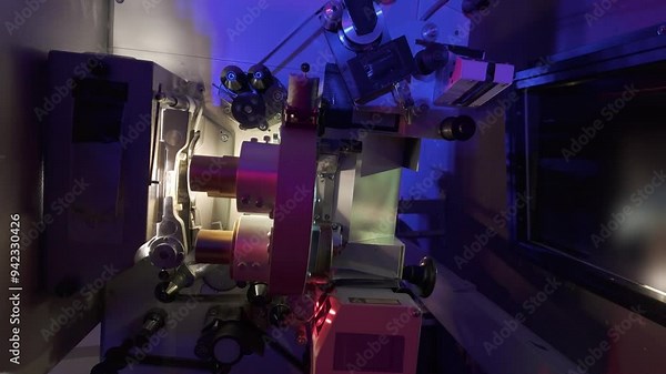 35mm Film running through a cinema projector in a movie theater during a performance- Classic film projector in a cinema. Projection room in a cinema