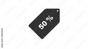 Black price tag appearing on screen. „40%“ , „50%“ and „60%“ written inside. Business themed animation. White background and green screen background.