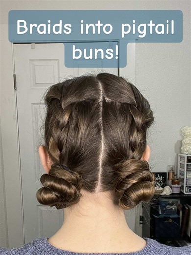 Bun Hairstyles Week!🩷 Day 2: Braids into pigtail Buns #pigtails #bunhairstyles #pigtailbuns