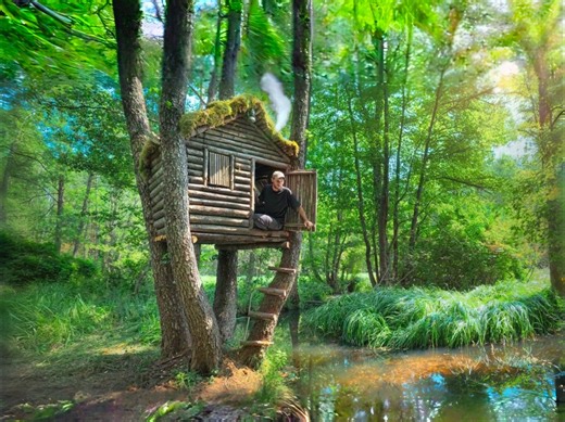 在森林里的一条小河旁发现了一棵自带分叉的大树，依托树干打造一间纯实木庇护所居住过夜！（纯享版）