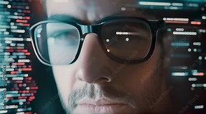 Code Insight: Close-Up Eye with Eyeglasses Overlay and Coding Screen, Inspiring Programming and Computing Background