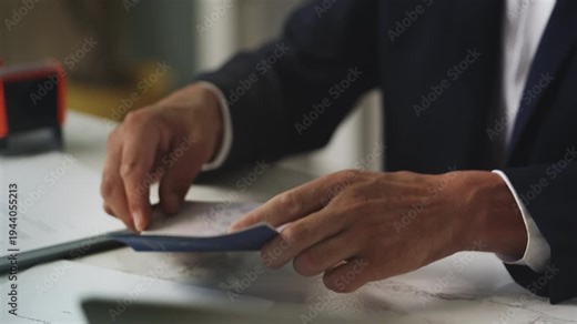 Embassy official placing denied stamp in North Korean passport, visa rejection