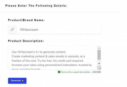 Writecream - A.I powered cold emails & content creation