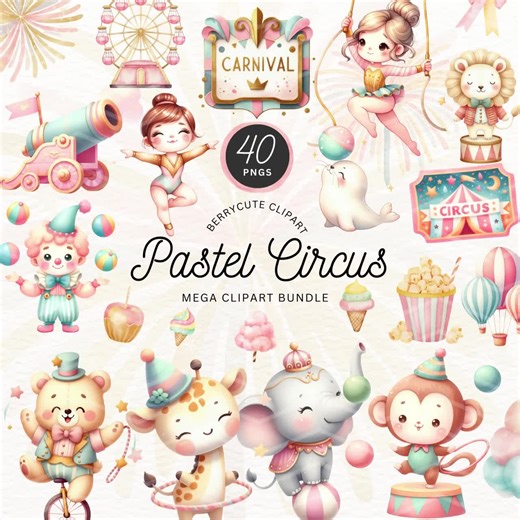 Pastel Circus Clipart Bundle, Pastel Carnival Clipart, Baby Circus Png, Baby Clown Clipart, Cotton Candy Clipart, Baby Elephant Clipart - Etsy