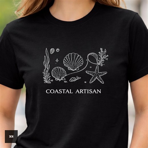 Coastal Artisan Graphic T-shirt, Vintage Seashell Starfish Line Art Tee - Etsy