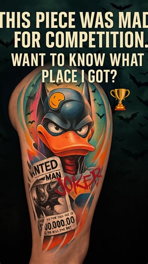 Danilo Lucena / premiado on Instagram: "Daffy Duck in the Batman universe 🦇🦆 A creative fusion I designed, bringing the Looney Tunes character into a dark and bold version. I kept realism in the details of the newspaper stickers, contrasting with the vibrant and colorful style of the character. The result is this unique piece, created especially for competition. In @orlandotattooshow A big thank you to @andersonrjron , who endured around 20 hours of work to make this art possible
