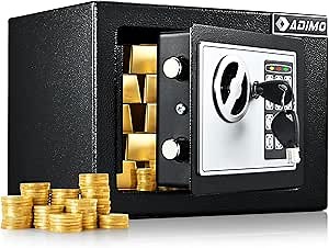 ADIMO Small Safe, 0.23Cubic Safe for College Dorm Room for Cash or Document, Money Box with Keys & Passcode and Wall Kits, Black Hidden Lock Box for Hotel Home Office Business