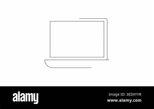 A minimalist line drawing shows a laptop with a screen displaying a hand holding a computer mouse icon, symbolizing digital interaction or online services Stock Video Footage - Alamy
