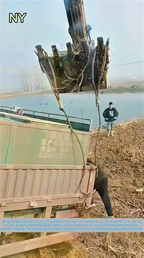 Truck Stuck in Deep Mud: Excavator Performs a Perfect Rescue.