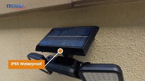 TECHKO Solar-Powered Motion Sensor Flood Light with 3 LED Panels, 185 Lumens Brightness, IP65 Waterproof Outdoor Security Light for Driveways, Entryways, and Patios