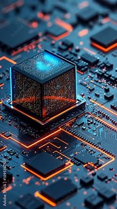 Circuit board with illuminated processor showcasing advanced technology and design elements