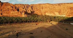 Oasis with green palm trees, orange rocks and yellow sand in desert at sunrise. Al Ula, Saudi Arabia