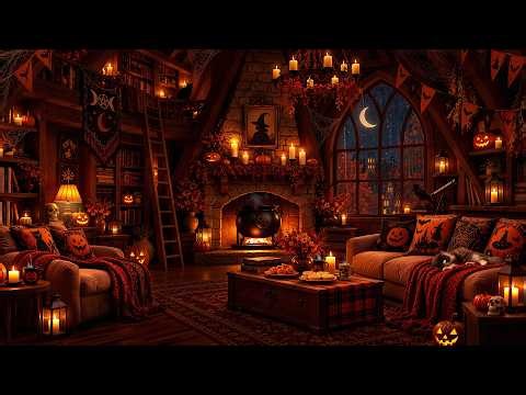 A Rainy Halloween Night in a Cozy Witch’s Cabin 🔮🎃 Soft Jazz, Fireplace Glow & Autumn Magic for Work