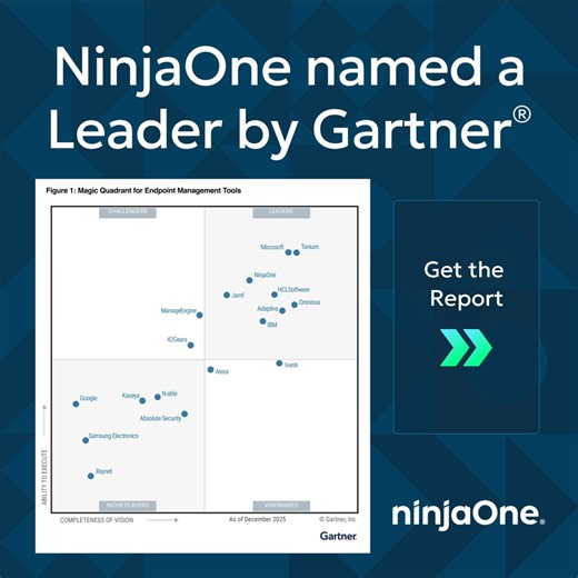 We're named a Leader in the 2026 Gartner® Magic Quadrant™ for Endpoint Management Tools! To us, this recognition reflects the power of our modern, unified, and automated IT operations platform built to help organizations boost efficiency, strengthen resilience, and reduce costs at any scale. Take a look at the insights shaping the future of endpoint management. https://see.ninjaone.com/ujvXC | NinjaOne