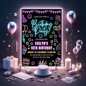 Neon Lights Birthday Invite, Lets Party Invitation, Glow Party, Neon Birthday Invitation, Editable Canva Template, Any Age, Custom Text R34 - Etsy