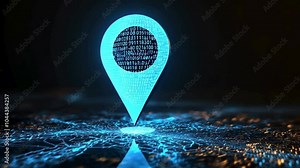 Digital location pin with binary code in futuristic data network concept for technology and ai