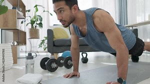 Home exercise, strong man on floor workout in living room and push up training muscles. Health lifestyle, weight loss and strength motivation. Athletic wellness, performance coach and fitness trainer