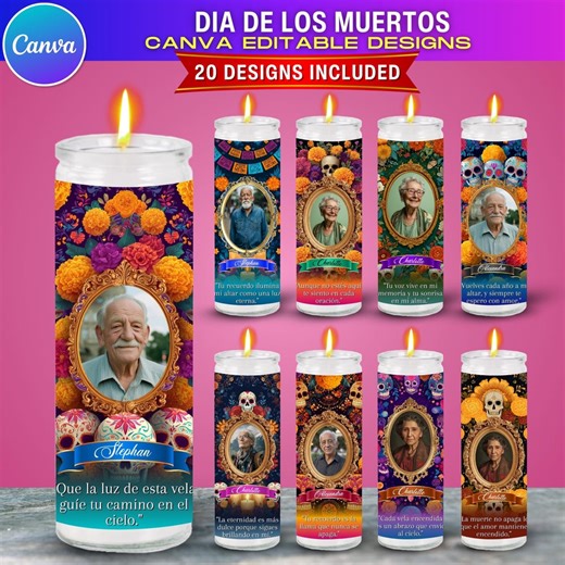 15x Día De Los Muertos Candle Labels | Tall Cylinder Candle Wraps | Editable Canva Memorial Stickers | Altar Decor Funeral Labels Digital - Etsy