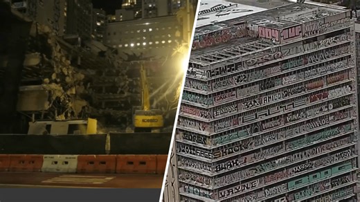 Demolition of graffiti-covered abandoned building in downtown Miami underway