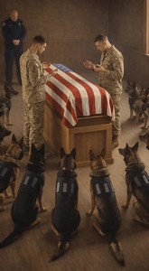 12 MILITARY DOGS BLOCKED THE CASKET - UNTIL THE JANITOR WALKED IN Commander Vernon walked into the memorial hall and felt the hair on his neck stand up. The silence was wrong. Twelve combat dogs - Malinois and Shepherds—stood in a tight steel circle around the flag-draped coffin of Sergeant Trent. They hadn't moved in three days. They hadn't eaten. They were statues made of muscle and grief. "Get these mutts out of here," the Base General shouted, checking his expensive watch. "The Senator is ar