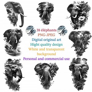 Elephant Line Art Clipart | 38 Elephants PNG JPG | Instant Download | Transparent & White | Commercial Use, Line Art Printable - Etsy