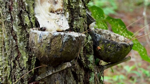 Close up of traditional pine resin tapping using coconut shell cups attached to tree bark in a Southeast Asian forest. Raw material extraction and sustainable forestry agriculture concept.