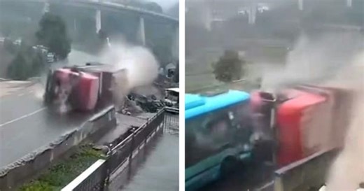 16 injured after truck overturns at high speed and crashes into bus in China
