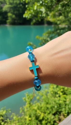 Turquoise Blue Faith Bracelet – Gold Cross & Crystal Beads - Etsy