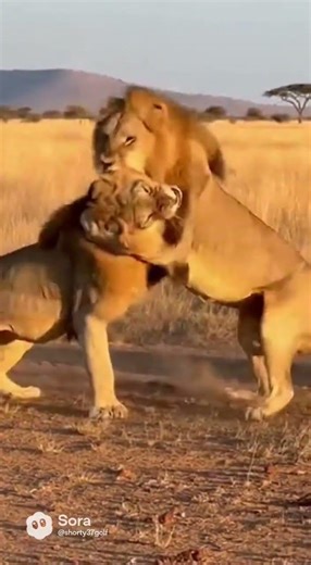 two lions fighting