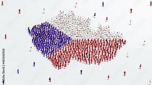 Czech Republic Map and Flag. A large group of people in the Czechia flag color form to create the map. 4K Animation Video.