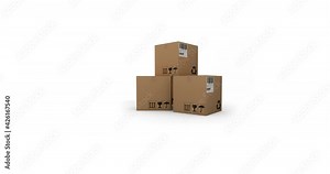 Animation of three stacked up cardboard boxes moving on white background