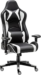 Gaming Chair Office Chair High Back Computer Chair - Ergonomic Adjustable Swivel Desk Chairs with Headrest and Lumbar Support (White & Black)