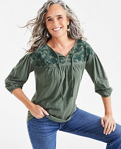 Style & Co Women's Cotton Embroidered Knit Peasant Top, Created for Macy's - Macy's