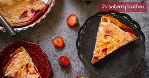 Strawberry Kuchen Recipe has a thin sweet dough layered with fresh strawberries and topped with creamy custard. You’ll love this easy Strawberry Dessert. You'll also love that we're giving one away! Go to the post for your chance to win! #ad Raisenne Dough Riser #bakedwithraisenne Recipe: https://hostessatheart.com/strawberry-kuchen-recipe/ | Hostess At Heart -Julie Menghini