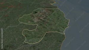 Wicklow, county with its capital, zoomed and extruded on the satellite map of Ireland in the conformal Stereographic projection. Animation 3D