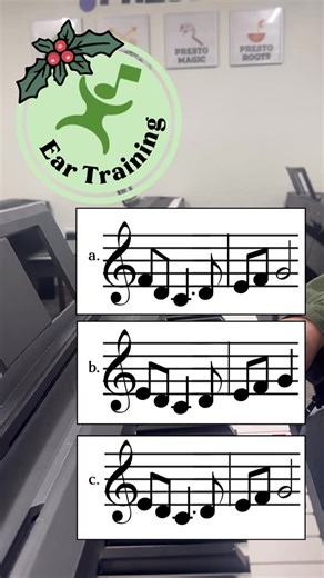 Let’s Play Music on Instagram: "How is your ear?? 👂🎧Pick the dictation that matches the audible notes playing! You might be thinking… “well, I can’t figure that out unless I have a piano in front of me to play them all on!” WRONG. One of the most vital skills learned in our programs is ear training. Even in 1st year Let’s Play Music as young as 4, children are taught to recognize intervals as “baby steps”, “skips”, and “leaps”. Therefore, you CAN pick the correct dictation without actually pla