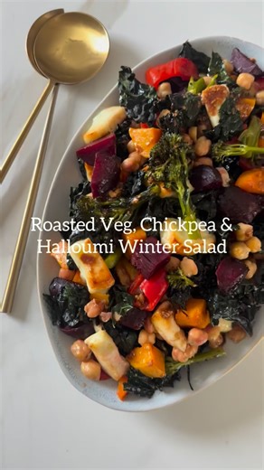 Roasted Veg, Halloumi & Chickpea Salad This is a one stop shop for your five a day and that all important fibre. Lots of different vegetables are roasted on one tray with some Queen chickpeas and cubed halloumi and then the salad is finished with a lovely simple honey, balsamic and mustard dressing. This is a great salad to batch make. The recipe below will serve 4 generously. It’s a perfect working from home lunch. It can be eaten straight out of the fridge cold or reheated. Ingredients:- 1 squ