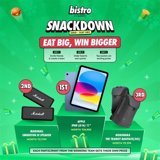 @bistrobyblinkit on Instagram: "Introducing Snackdown 🔥 Ordering on Bistro just got rewarding. Create a group with your friends and start ordering! Get points for every dish you order. The group with the most points win: 📱 iPad 🎶 Marshall Speaker 🎒 Mokobara Bag Sign up now!"