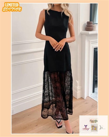 Black Solid Color Sleeveless Sheer Floral Lace Patchwork Long Dress