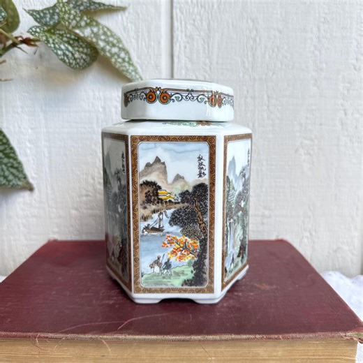 Vintage Tea Caddy Hexagonal Ceramic With Pastoral Scenes Made in Japan - Etsy