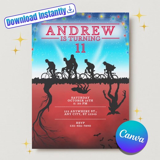 Stranger Things Birthday Invitation Editable Printable Party Invite Upside Down Bike Red and Blue Theme Canva Digital Download - Etsy