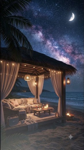 Beach Cabana at Night • Moving Water & Fire • Velvet Night Sky
