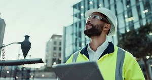 Inspection, happy man or architect in city with tablet for engineering, building in construction site. Smile, online or contractor with research for development, project notification or architecture